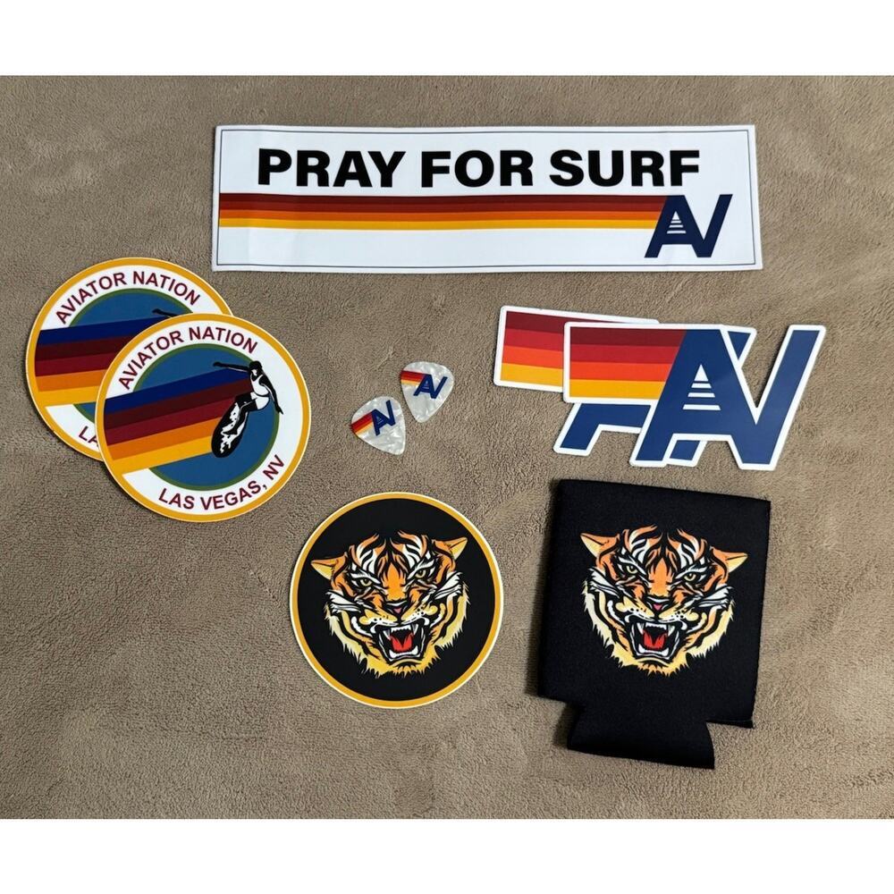 AVIATOR NATION Stickers Tiger Koozie Guitar Picks Can Cooler Retro 70s Bundle